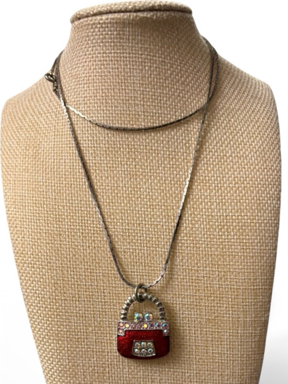 🦖5 for $20 | Women Jewelry Red Handbag Pendant Necklace -features ab rhinestones